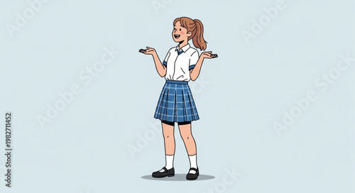 Young Girl in School Uniform Holding Books and Pen.