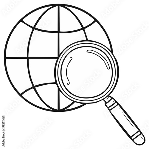 Magnifying glass examining a globe, concept of global search and discovery