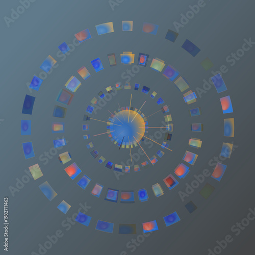 Radial Emblem abstract background with circular, badge, and medallion elements; sparse composition, cool palette, experimental mood.