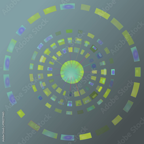 Radial Emblem abstract background with emblem, badge, and medallion elements; sparse composition, cool palette, experimental mood.