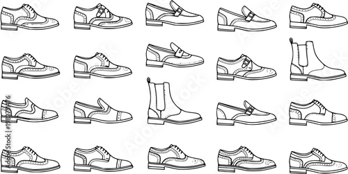 Black and White Line Art Illustration of Various Men's Dress Shoes and Boots Collection