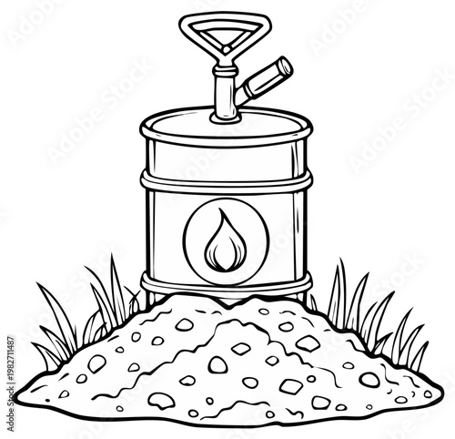 Oil barrel with pump and grass, fuel, energy source, illustration