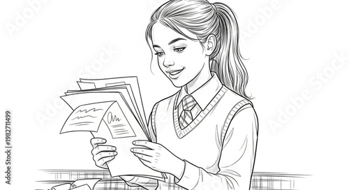 Young girl in school uniform reading letters with a smile.
