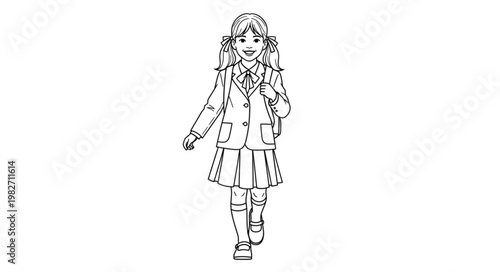 Young Girl in School Uniform Walking with Backpack.