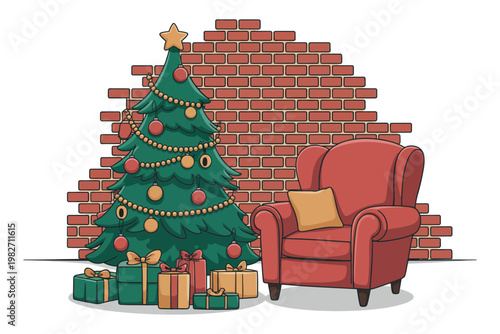 A cozy living room with a decorated Christmas tree and presents in front of a red brick wall