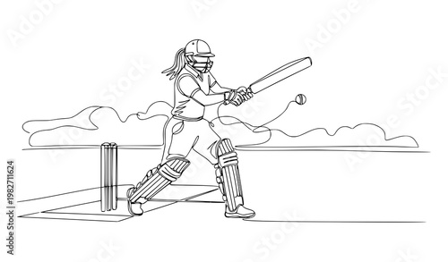 A female cricket player in action, swinging her bat with focus