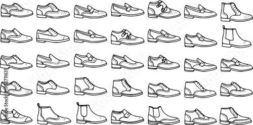 Black and White Line Art Collection of Men's Footwear: Dress Shoes, Loafers, Boots for Fashion Industry