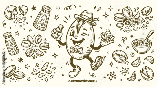 Vintage 1930s Retro Mascot Pistachio Nut Healthy Snack Illustration Set