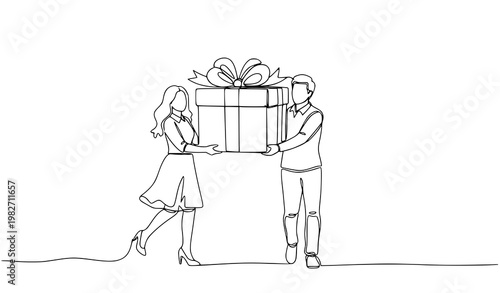 A minimalist line art illustration of a man and woman holding a large gift box with a bow