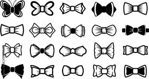 Black and white vector illustration of diverse bow tie designs, icon set, graphic art