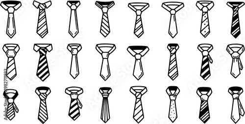 Black and White Line Art of Various Tie Designs, Fashion Accessory Vector Icons