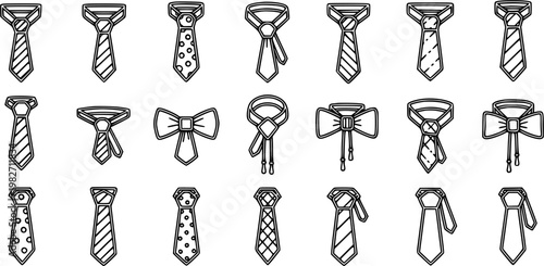 Business Fashion Menswear Accessories: Black and White Line Art Icons Set of Various Neckties, Bow Ties, and Bolo Ties for Formal Style Collection