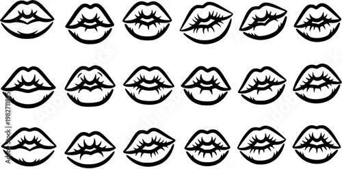 Collection of Black and White Line Art Lips Vector Illustration for Fashion, Beauty, and Romance Design Elements