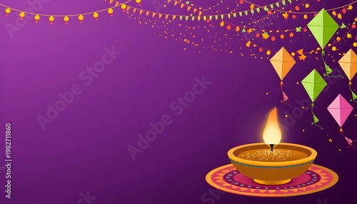 Festive purple background with oil lamp burning diya colorful flying kites and decorative fairy lights copy space