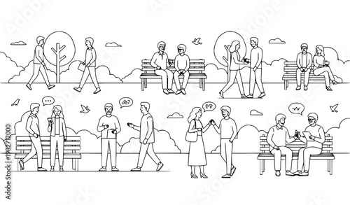 A minimalist line art illustration of people socializing in a park