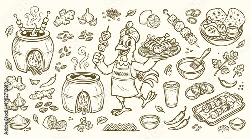Vintage 1930s Retro Mascot Tandoori Chicken Indian Food Illustration Set