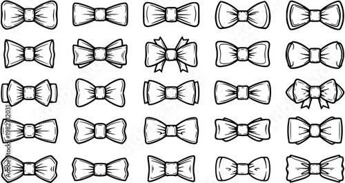 Black and White Line Art Hand-Drawn Fashion Bow Ties Set - Elegant Apparel Accessory Icons Collection