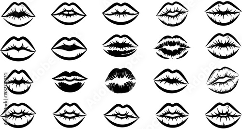 Black  White Line Art and Silhouette Lips Vector Icons Set. Collection of Beauty, Fashion, Love, and Romance Glyphs for Makeup and Kissing Design Elements.