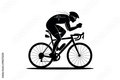 A cyclist in motion, riding a bicycle with a sleek and modern design, conveying a sense of speed and fitness.