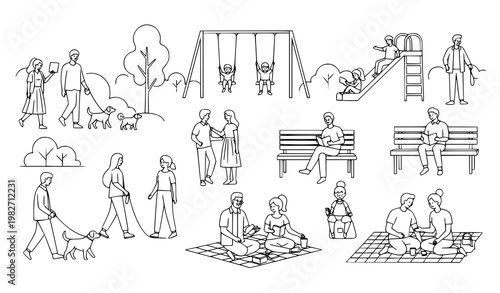 A black and white line art illustration of people in a park