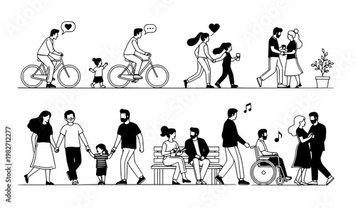 A black and white vector illustration of people in various social interactions