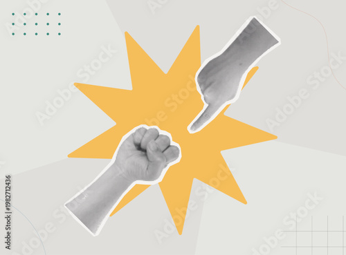 Trendy halftone collage of two person fists clashing on large yellow star burst on light background with dots and grid, flat design concept for workplace conflict, argument, dispute, and confrontation