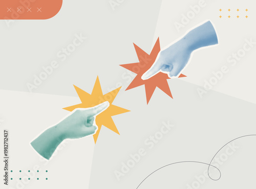 Trendy halftone collage of  two person hands pointing at each other with colorful star bursts, flat design partnership conflict, disagreement, and confrontation concept illustration