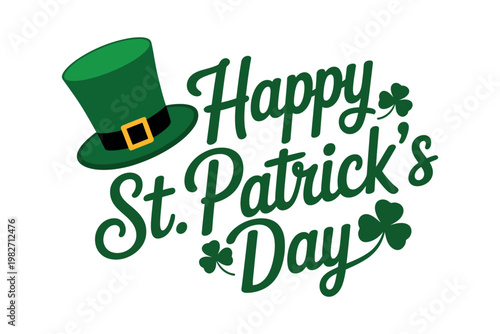 A festive graphic celebrating St. Patrick's Day with a green hat and shamrocks