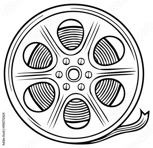 Vintage Movie Film Reel Vector Illustration, Retro Filmstrip Winding Off, Cinematic Symbol, Old-fashioned Projection