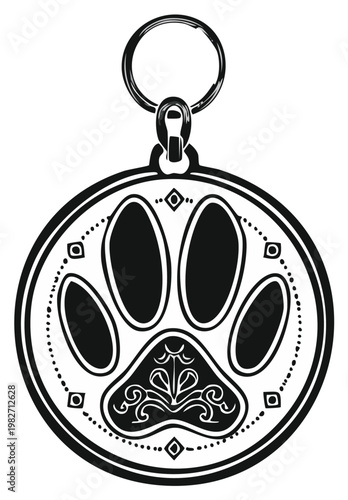Stylized Dog Paw Print Pendant with Decorative Floral Elements Hanging from a Metal Key Ring