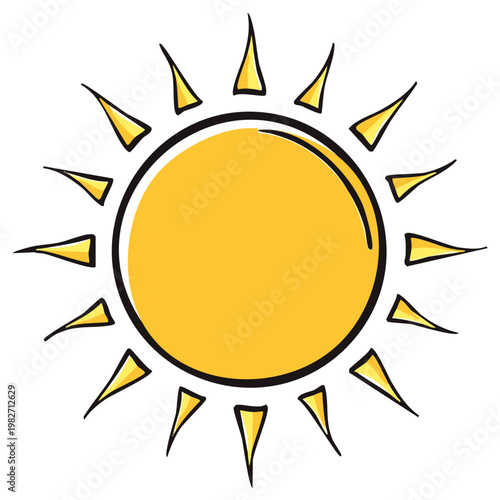 Cheerful yellow sun with rays illustration representing heat summer sunshine and brightness with round solar shape