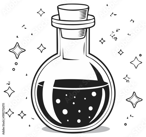 Magical potion bottle illustration with stars and sparkles, for fantasy concept.