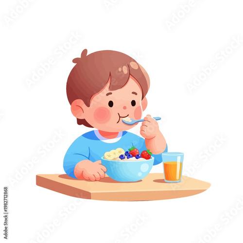 2d flat vector A young boy enjoying a healthy breakfast of cereal, fruit, and juice at a wooden table, illustration of childhood nutrition and healthy eating habits