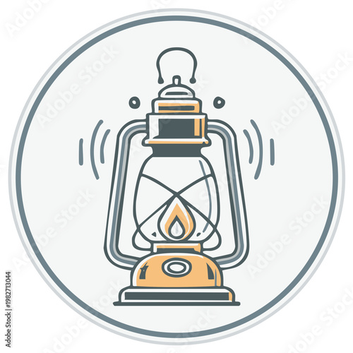 Vintage kerosene lamp graphic illustration, glowing flame design within a circular frame.