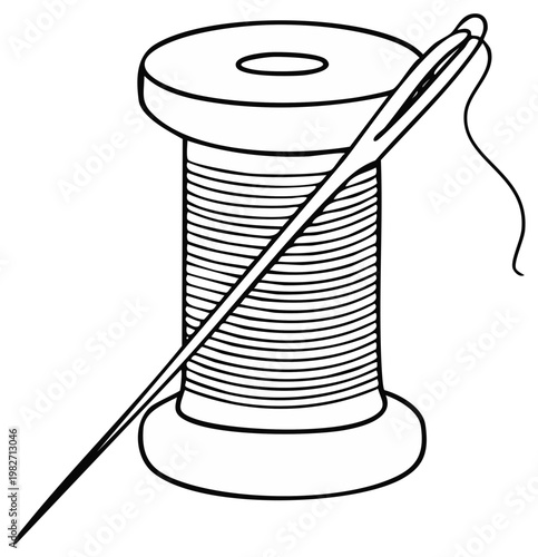 Simple line art drawing of a threaded needle on a spool of thread for sewing and crafts
