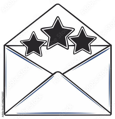 Open Envelope with Three Black Stars Inside Simple Line Art Illustration