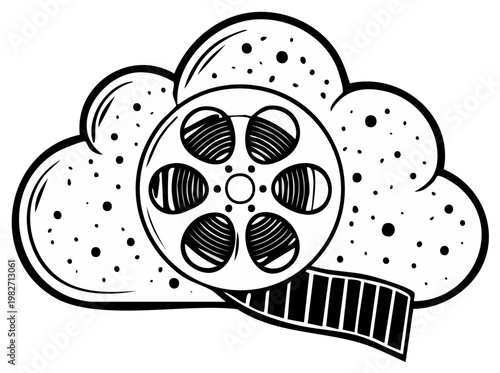 Film Reel & Cloud Technology Illustration: Black and White Cinema Industry in Digital Storage Concept
