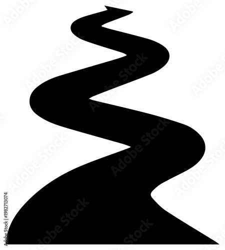 Abstract winding black path with an arrow signifying progress growth and a challenging journey towards a future goal or success representing evolution and development