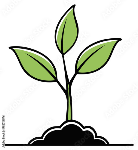 Simple green seedling with three leaves sprouting from fertile soil, symbolizing growth and new beginnings.