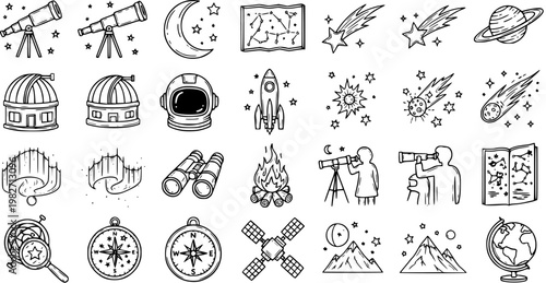 Astronomy and Stargazing Doodle Icons Set - Hand Drawn Black  White Line Art Collection for Space Exploration