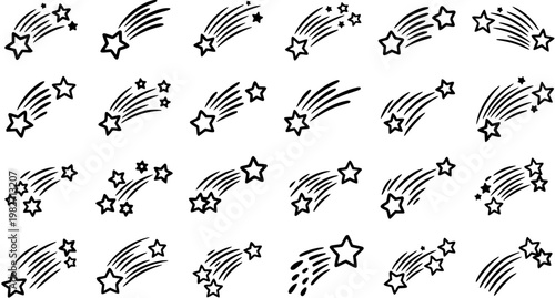 Black and White Line Art Collection of Shooting Stars, Space Elements, and Astronomy Icons