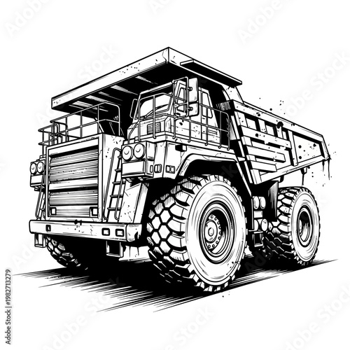 Heavy Duty Mining Dump Truck - Black and White Illustration