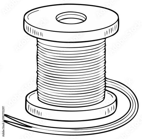 Classic line art drawing of a full spool with neatly coiled material, useful for craft or industrial design