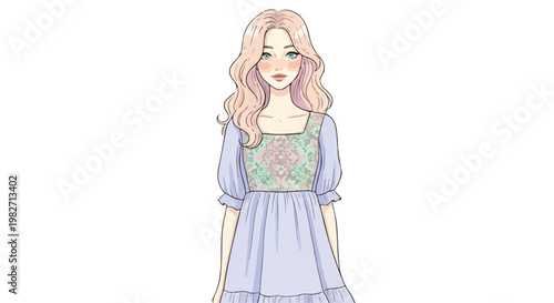 Anime girl illustration in cottagecore aesthetic, beautiful young woman with long wavy pink hair, feminine character design in purple floral dress