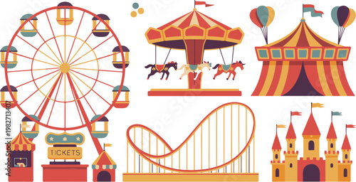 Circus carnival element set with amusement park icons including carousel, ferris wheel, tent and roller coaster on white background