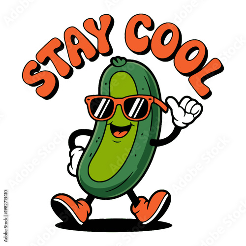A funny Green Groovy Pickle Cartoon Character character with a cheerful and cute expression with sunglasses