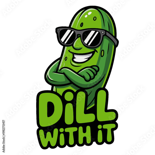 A funny Green Groovy Pickle Cartoon Character character with a cheerful and cute expression with sunglasses