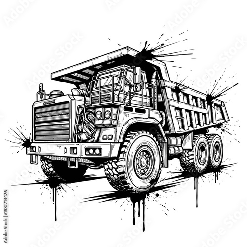 Heavy Duty Mining Dump Truck Illustration with Ink Splatter Effect