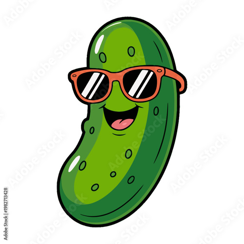 A funny Green Groovy Pickle Cartoon Character character with a cheerful and cute expression with sunglasses