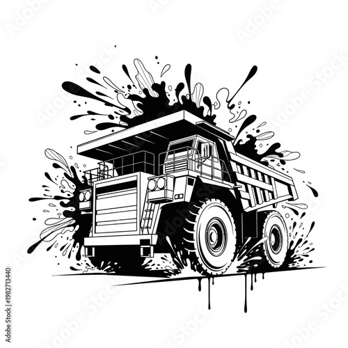 Heavy Duty Mining Dump Truck Splashing Mud and Water in Black and White